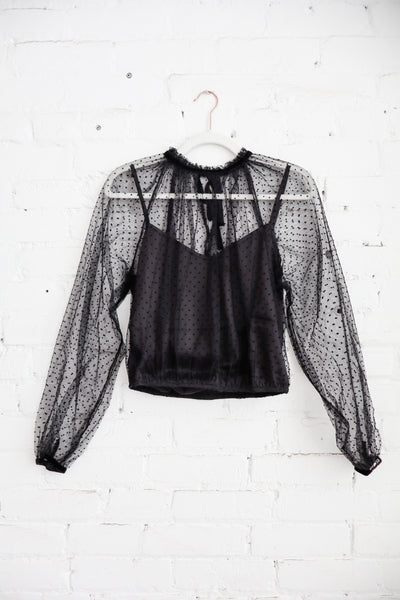 Black Sheer Polka Dot High Neck Mesh Top