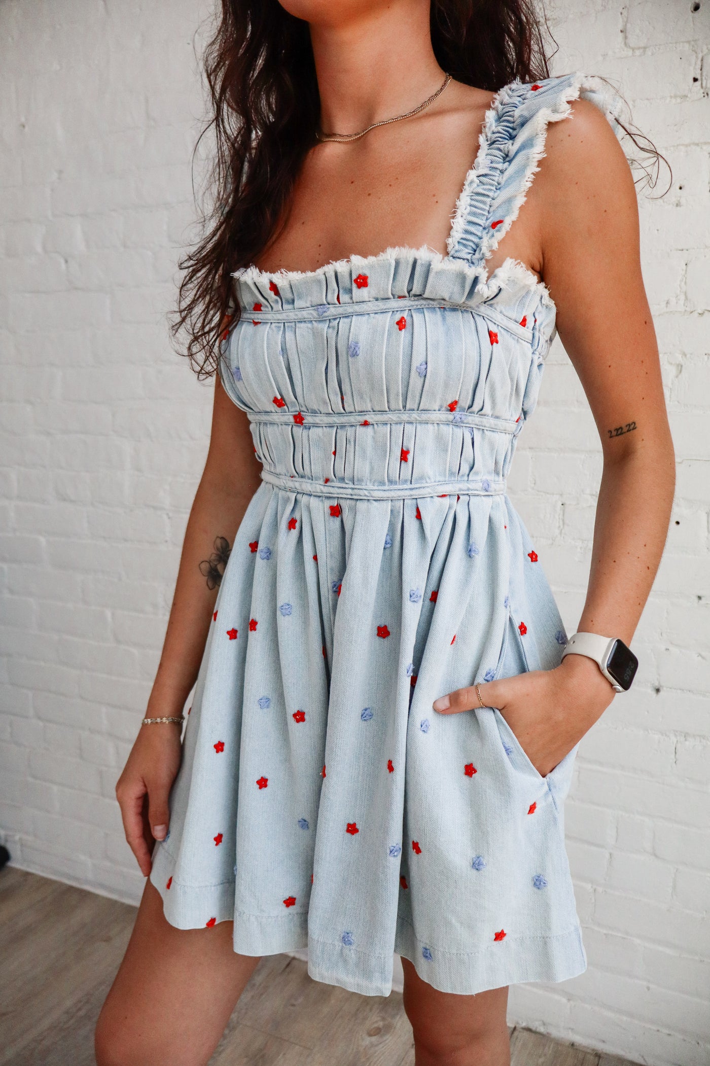 Star Embossed Sleeveless Denim Romper