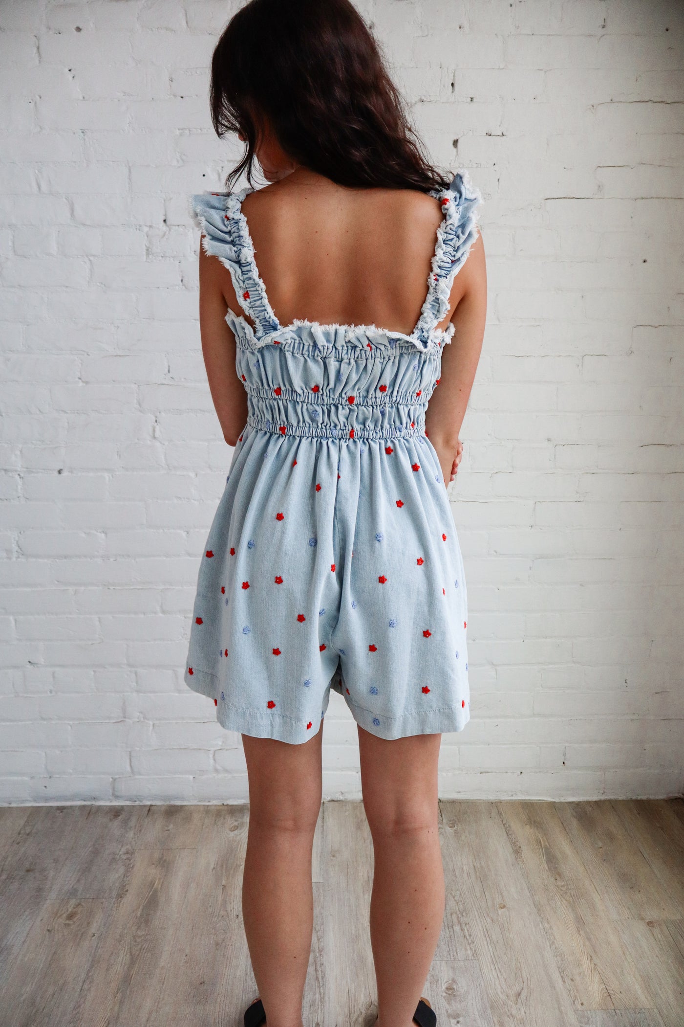 Star Embossed Sleeveless Denim Romper