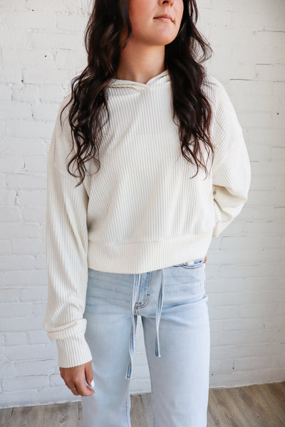 Casual Cropped Ribbed Hoodie