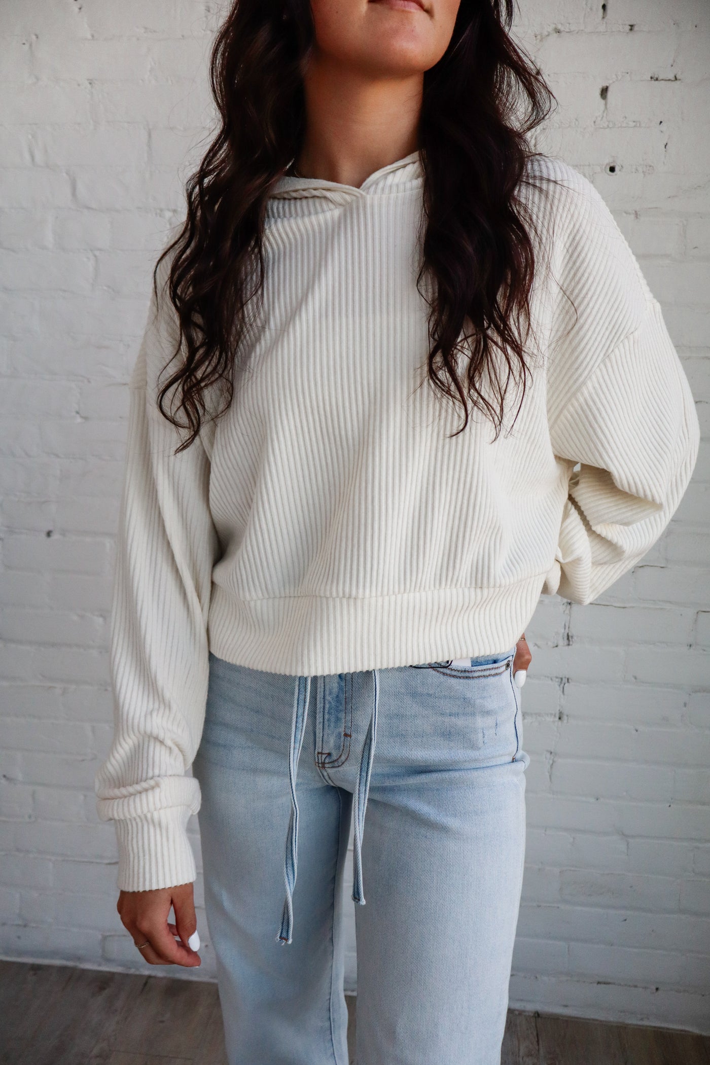 Casual Cropped Ribbed Hoodie
