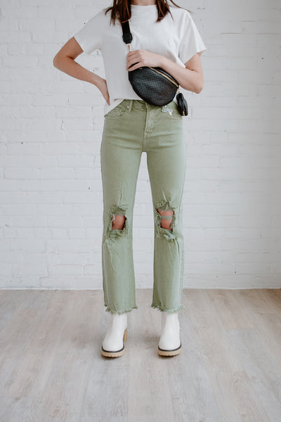 Olive High-Rise Distressed Straight Leg Jeans