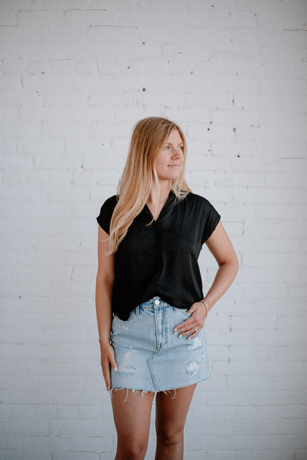 Black Button Down Cap Sleeve Shirt