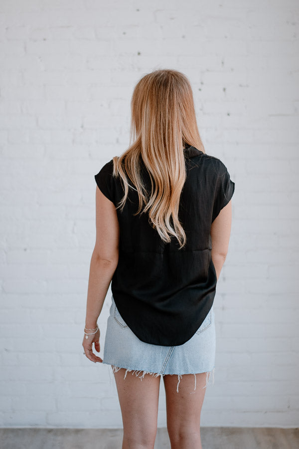 Black Button Down Cap Sleeve Shirt